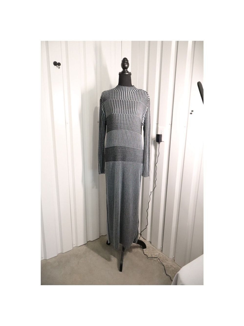 COS Womens Gray Black Striped Ribbed Knit Maxi Dress Large Mock Neck NWT